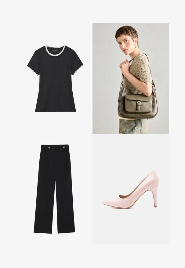 T-shirt noir avec texture côtelée, encolure ronde ornée de bordure festonnée blanche, et manches courtes avec accents festonnés assortis.; Pantalons larges noirs à taille haute, avec des détails de boutons à la taille et des plis sur le devant.; Escarpin à talon haut en cuir verni rose avec un bout pointu et un design épuré, doté d'un talon de 9 cm et d'une surface lisse et brillante.; Sac à main en cuir olive vert avec un rabat à l'avant, une sangle ajustable et des détails en métal argenté, présenté sur un modèle portant un haut en tricot.