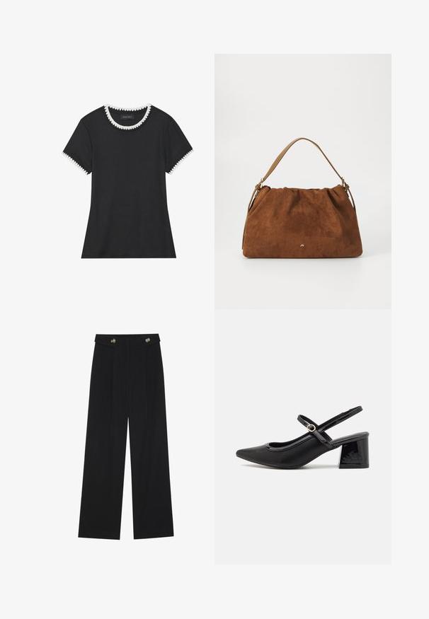 Juodas marškinėliai su briaunota tekstūra, apvalia iškirpte, kurią puošia balti apvalūs kraštai, ir trumpomis rankovėmis su atitinkamais kraštų akcentais.; Juodi plačios kojos kelnės su aukštu liemeniu, sagų detalėmis ant liemens ir priekinėmis raukšlėmis.; Juodi patentinio odos slingback aukštakulniai su smailiu pirštu, apvaliu išpjovimu ir blokiniu kulnu. Papuošti auksiniu juostos akcentu.; Ruda zomšos rankinė su susiraukšlėjimu, turinti vieną šviesiai rudos odos rankeną ir subtilų auksinį logotipo detalę priekyje.