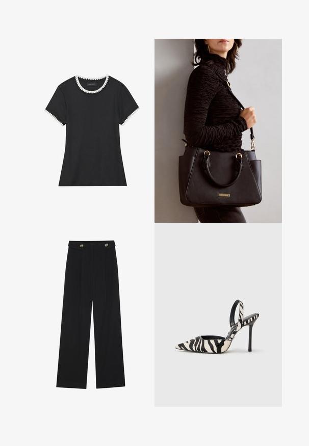 T-shirt nero con texture a coste, colletto rotondo con bordi ondulati bianchi, e maniche corte con dettagli ondulati coordinati.; Pantaloni neri a gamba larga con vita alta, dettagli con bottoni in vita e pieghe frontali.; Scarpa slingback con tacco a spillo sottile, punta appuntita e stampa a zebra in bianco e nero su sfondo neutro.; Borsa nera con superficie texturizzata, manici superiori doppi e tracolla regolabile. Dotata di hardware color oro e tasche laterali.