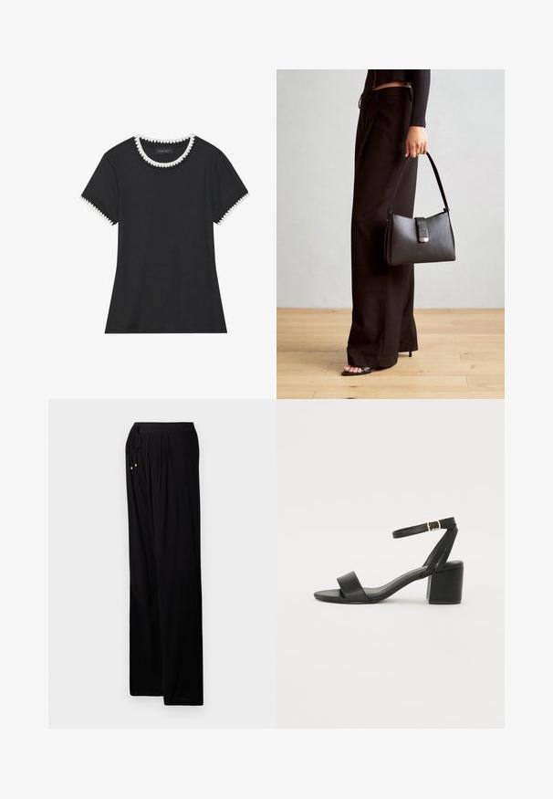 Melnā T-kreklā ar ribotu tekstūru, apaļa kakla izgriezums ar baltu viļņotu apdari un īsas piedurknes ar atbilstošu viļņotu akcentu.; Melnas gaismas bikses ar brīvu piegriezumu. Iespējama aukliņa viduklī, krokas un zelta akcenti pie aukliņas galiem.; Melnas papēžu sērijas sandales ar gludu ādas virsmojumu, atvērtu pirkstu, platām priekšējām siksnām un regulējamu potītes siksnu ar zelta sprādzi.; Melnā somiņa ar strukturētu formu, gludu tekstūru un metālu sprādzi. Saskaņota ar platām melnām biksēm un sandālēm ar atvērtu purngalu uz koka grīdas.