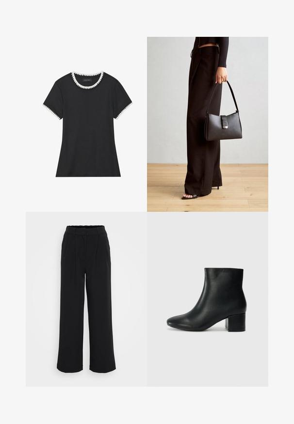 Čierne tričko s ryhovanou textúrou, okrúhlym výstrihom zdobeným bielym zúbkovaným lemom a krátkymi rukávmi s zodpovedajúcimi zúbkovanými detailmi.; Čierne široké nohavice vyrobené z hladkej tkaniny, s jemným skladaným predným dielom, elastickým pásom a bez viditeľných vreciek alebo kovových prvkov.; Čierne kožené členkové čižmy s špicatou špičkou a hrubým podpätkom. Hladká textúra s minimálnymi akcentmi a elegantným, priliehavým dizajnom.; Čierna kabelka so štruktúrovaným tvarom, hladkou textúrou a kovovou sponou. V kombinácii so širokými čiernymi nohavicami a sandálmi s otvorenou špičkou na drevenej podlahe.