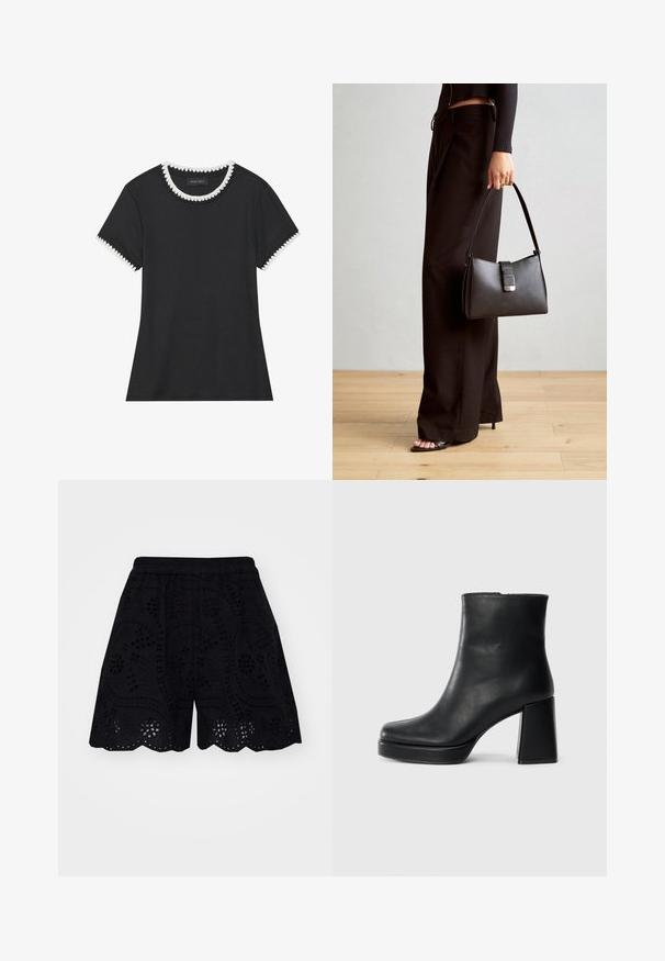 T-shirt noir avec texture côtelée, encolure ronde ornée de bordure festonnée blanche, et manches courtes avec accents festonnés assortis.; Shorts noirs ornés de motifs découpés en broderie complexes, avec un ourlet en forme de vagues et une taille élastique pour le confort.; Bottine en cuir noir avec un talon bloc et une semelle plateforme, vue de côté sur un fond blanc uni.; Sac à main noir à la forme structurée, texture lisse et fermoir métallique. Associé à un pantalon noir ample et des sandales ouvertes sur un sol en bois.