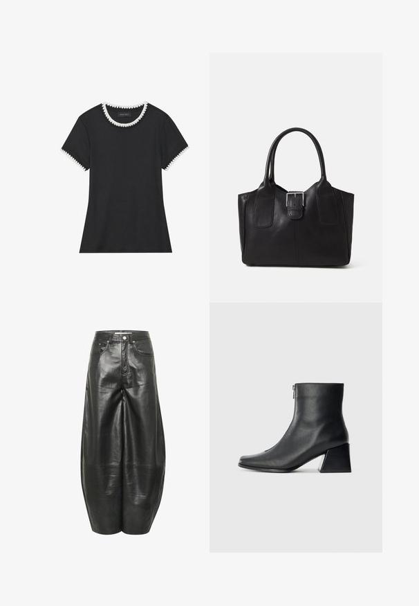 Musthave musta T-särk, millel on soonikkoes, ümmargune kaelus valgete laineliste äärtega ja lühikesed varrukad sama laineliste detailidega.; Mustadest nahast laiad püksid siledast materjalist, esikülgedel taskud ja kõrge talje. Omab nähtavat õmblust ja nööbist sulgemist.; Must musta ankle bot, mille ruudukujuline varvas, külgriiv ja plokk-konts, heledal taustal.; Mustgamma nahast kott, millel on sile tekstuur, struktureeritud kuju, kaks käepidet ja esiküljel silmapaistev hõbedane pandla detail.; Hõbedased lillekujulised kõrvarõngad tekstureeritud viimistlusega, pikal konksul ja kroonlehtedetaoliste detailidega, moodustades keeruka disaini.
