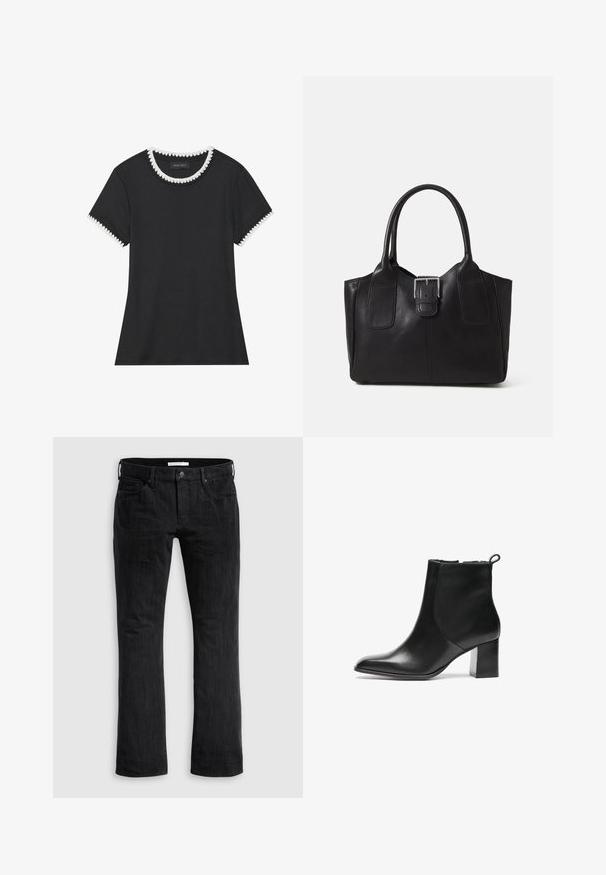 Tricou negru cu textură ribbed, guler rotund cu margine albă zimțată și mâneci scurte cu detalii zimțate asortate.; Jeans negri din denim cu croială dreaptă, având un design clasic cu cinci buzunare, o textură verticală subtilă și închidere cu buton în față.; Bocanc negru din piele până la gleznă, cu vârful rotunjit, toc bloc de înălțime medie și o bucată de prindere în spate. Textură netedă, design minimalist.; Geantă tote din piele neagră cu textură netedă, formă structurată, două mânere și un detaliu proeminent din aliaj de argint pe partea din față.