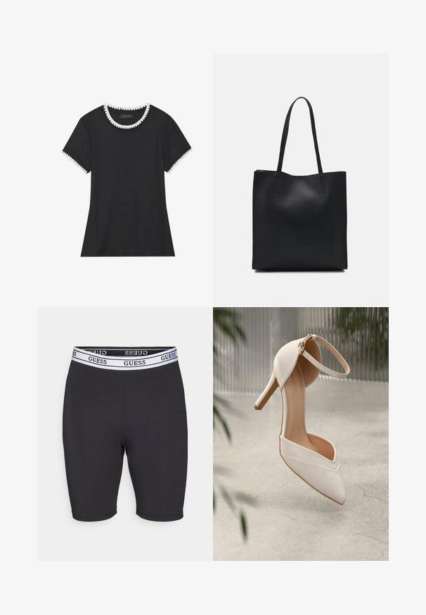 Juodas marškinėliai su briaunota tekstūra, apvalia iškirpte, kurią puošia balti apvalūs kraštai, ir trumpomis rankovėmis su atitinkamais kraštų akcentais.; Juodos tamprios medvilnės šortai su prigludusia design, su balta juosta su 'GUESS' logotipu. Lygus paviršius, iki vidurinės šlaunies ilgio.; Balti aukštakulniai bateliai iš lygios medžiagos su smailiu pirštu ir kulkšnies dirželiu. Yra šviesiai rudos spalvos vidus ir auksinės spalvos detalės.; Juodas odinis tote krepšys su lygia tekstūra, stačiakampio formos ir dviem ilgais rankenomis. Matomų metalinių detalių ar puošybos nėra.