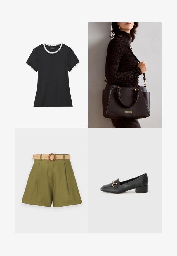 Zwarte T-shirt met geribbelde structuur, ronde halslijn met witte golvende rand, en korte mouwen met bijpassende golvende accenten.; Olijfgroene shorts met plooien, voorzien van een geweven rieten riem en een houten ringgesp. Gladde textuur, op maat gemaakt ontwerp met strakke lijnen.; Zwarte lederen instappers met een platte hak, met een decoratieve gouden hardware detail aan de voorkant en een gladde textuur.; Zwarte handtas met gestructureerd oppervlak, dubbele bovenhandvatten en verstelbare schouderriem. Voorzien van goudkleurige hardware en zijzakken.