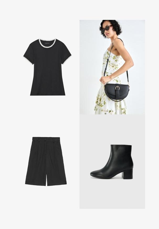 Fekete póló bordázott textúrával, kerek nyakkivágással, fehér csipkeszegéllyel, és rövid ujjakkal, amelyek harmonizáló csipkeszegéllyel készültek.; Fekete len nadrág, laza szabású, lapos elülső résszel, két oldalsó zsebbel és gombos derékkal.; Fekete bőr bokacsizma hegyes orral és vastag sarokkal. Sima felület minimális díszítéssel és karcsú, passzos kialakítással.; Fekete bőrtáska ívelt formával, levehető pánttal és arany színű fémrészekkel. A táskán egy csattal díszített fedél található.