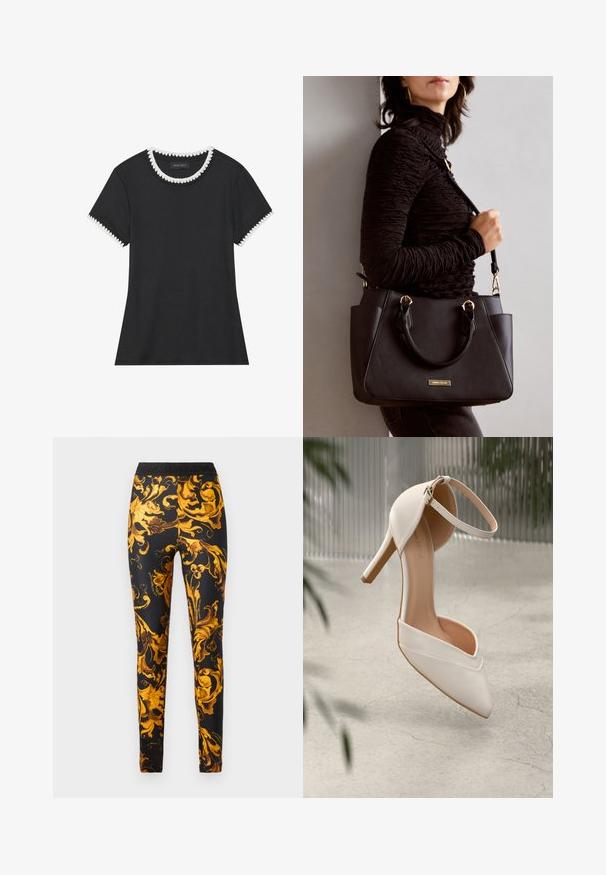 T-shirt preta com textura canelada, gola redonda com acabamentos brancos em formato de ondas, e mangas curtas com detalhes em ondas correspondentes.; Leggings pretos com um padrão barroco dourado ornamentado. A cintura tem o nome da marca "VERSACE JEANS" numa cor contrastante.; Shoe de salto alto branco em material suave com bico pontudo e tira no tornozelo. Apresenta um interior em tom claro de bege e detalhes em tom dourado.; Bolsa preta com superfície texturizada, alças superiores duplas e alça de ombro ajustável. Apresenta ferragens em tom dourado e bolsos laterais.