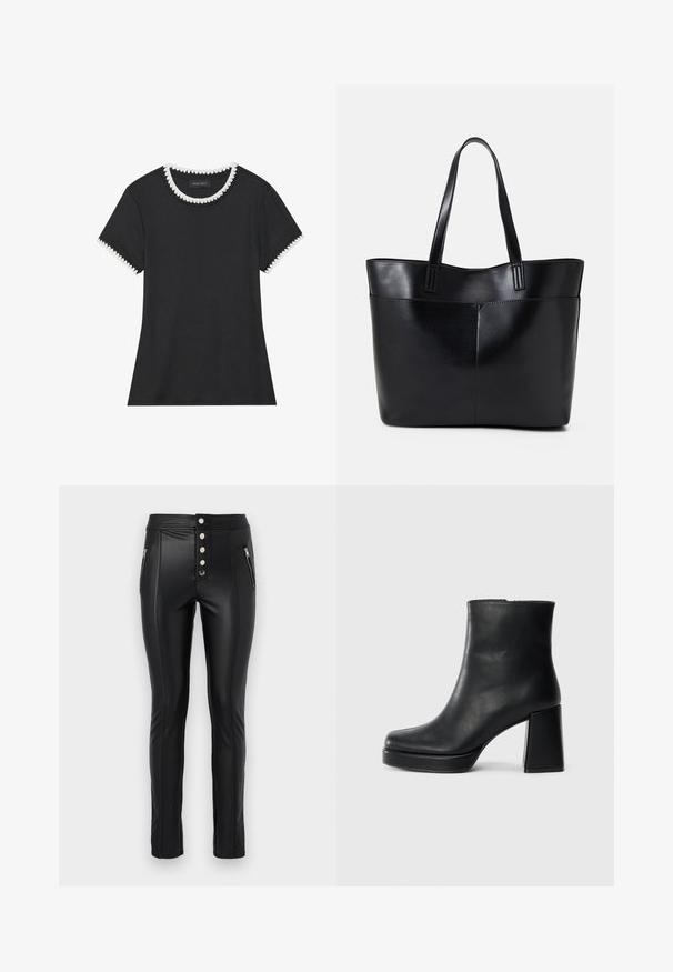 Melnā T-kreklā ar ribotu tekstūru, apaļa kakla izgriezums ar baltu viļņotu apdari un īsas piedurknes ar atbilstošu viļņotu akcentu.; Melnas mākslīgās ādas bikses ar augstu jostasvietu, pieciem metāliskiem pogām, ar rāvējslēdzēja sānu kabatām un pieguļošu dizainu. Funkcijās ietilpst redzami šuvju sīkumi.; Melna ādas potīšu zābaku ar bloku papēdi un platformas zoli, skatīts no sāna uz vienkārša balta fona.; Melnas ādas iepirkumu soma ar divām garām rokturām, gludu tekstūru un strukturētu formu. Iekļauj priekšējo kabatu papildu uzglabāšanai.