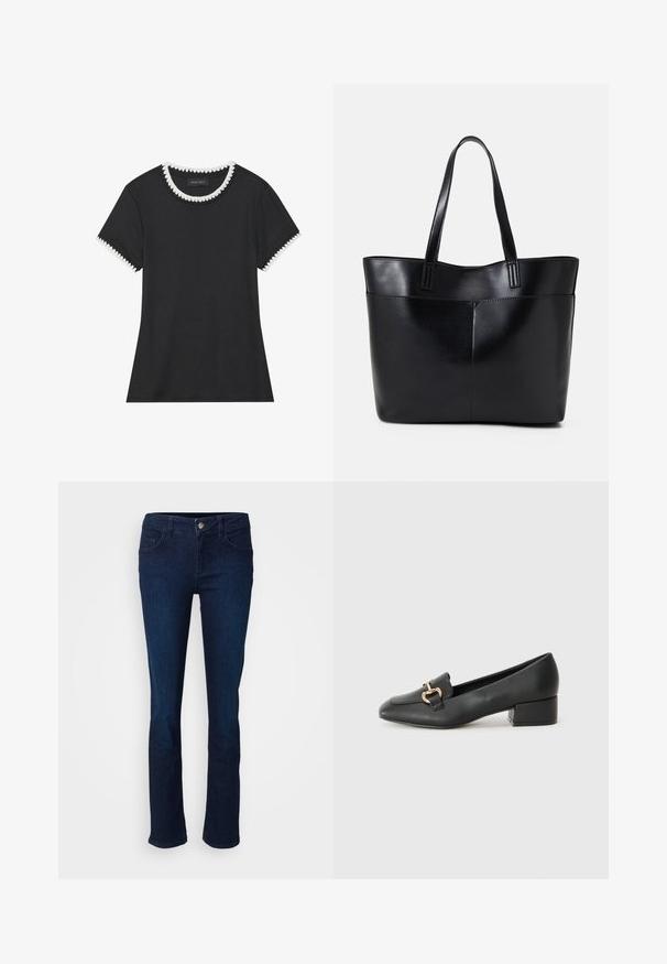 Musthave musta T-särk, millel on soonikkoes, ümmargune kaelus valgete laineliste äärtega ja lühikesed varrukad sama laineliste detailidega.; Tumed sinise denimist teksad sirge jalaga disainiga, millel on ees- ja taga-taskud, nööp sulgemine ning sile tekstuur.; Mustad nahast loafers madala kontsaga, millel on esiküljel dekoratiivne kuldne detalj ja sile tekstuur.; Must mustaga musta nahast, millel on kaks pikka kanda, sile tekstuur ja struktureeritud kuju. Esipoolsel on lisakoti jaoks tasku.
