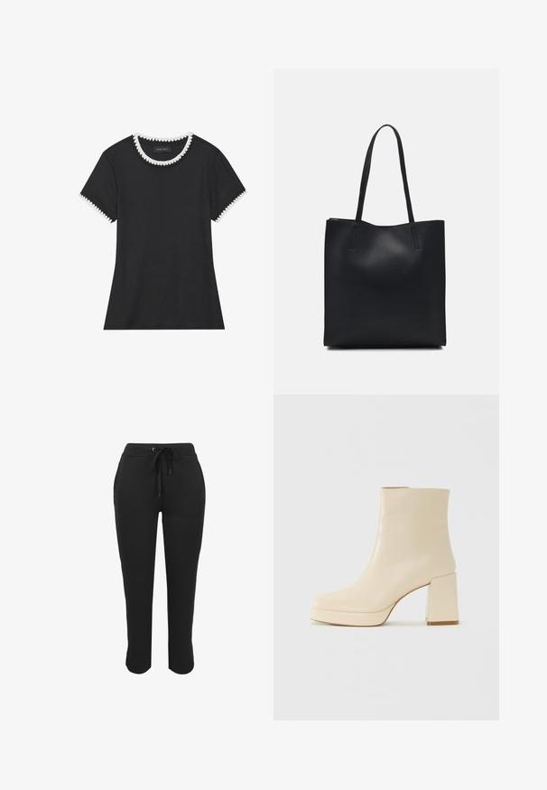 Melnā T-kreklā ar ribotu tekstūru, apaļa kakla izgriezums ar baltu viļņotu apdari un īsas piedurknes ar atbilstošu viļņotu akcentu.; Melnas sporta bikses, kas izgatavotas no mīksta auduma, ar aukliņas jostasvietu, sašaurinātām kājām un potīšu garuma griezumu ar vienkāršu dizainu.; Beige ādas potītes zābaki ar blokveida papēdi un platformas zoli, gluda virsma un nedaudz kvadrātveida purngali, vērsti pa kreisi uz balta fona.; Melnas ādas somiņa ar gludu tekstūru, taisnstūra formu un divām garām rokturiem. Nav redzamu aparatūras vai rotājumu.