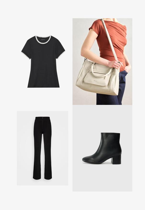 Černé tričko s ribovanou strukturou, kulatým výstřihem zdobeným bílým vroubkovaným lemem a krátkými rukávy s odpovídajícími vroubkovanými detaily.; Černé široké kalhoty s vysokým pasem a předním zipem. Vyrobeno z hladké, elastické tkaniny pro pohodlí a volnost pohybu.; Černé kožené kotníkové boty s špičatou špičkou a robustním podpatkem. Hladký povrch s minimálními akcenty a elegantním, přiléhavým designem.; Bílá kožená kabelka s dvojitými uchy a odnímatelným popruhem, která má přední zipovou kapsu a hladký povrch. Nese se na paži osoby.