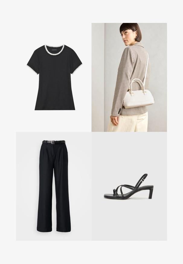 Černé tričko s ribovanou strukturou, kulatým výstřihem zdobeným bílým vroubkovaným lemem a krátkými rukávy s odpovídajícími vroubkovanými detaily.; Černé kalhoty s širokými nohavicemi vyrobené z hladké látky, s předními záhyby a odpovídajícím černým opaskem se stříbrnou sponou.; Černé sandály na tenkém podpatku se čtveratou špičkou a nízkým blokovým podpatkem. Mají několik tenkých popruhů a nastavitelné zapínání okolo kotníku. Vyrobeny z hladké kůže.; Bílá strukturovaná kabelka s krátkými uchy a ramenním popruhem, zdobená zlatými kovovými prvky a texturovaným materiálem, vystavená na šedém pozadí.