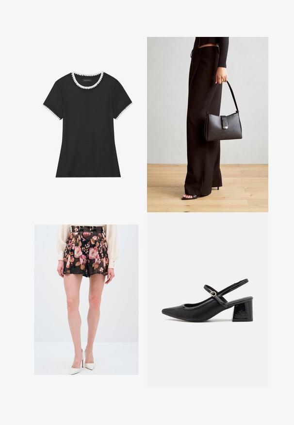 Czarna koszulka z prążkowaną fakturą, okrągłym dekoltem ozdobionym białą falbaną oraz krótkimi rękawami z dopasowanymi akcentami w formie falbanek.; Kwiatowe szorty z ciemnej tkaniny z różowymi i beżowymi kwiatami, falbanianym wykończeniem i pętelkami na pasek, zestawione z białymi wysokimi obcasami.; Czarne lakierowane czółenka na słupku ze spiczastym noskiem, lekko zaokrąglonym wycięciem i obcasem w kształcie bloku. Posiadają złotą klamrę jako akcent dekoracyjny.; Czarna torebka o usztywnionym kształcie, gładkiej fakturze i metalowym zapięciem. Połączona z szerokimi czarnymi spodniami i sandałami na otwartym palcu na drewnianej podłodze.