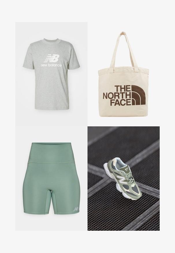 T-shirt en coton gris clair avec des manches courtes, un col rond et un logo "New Balance" blanc bien en évidence sur le devant.; Shorts de sport taille haute d'une couleur vert atténué. Fabriqués en matériau lisse et extensible avec des coutures plates et un accent de logo réfléchissant.; Baskets de course vertes et beiges en matériaux en maille et synthétiques, avec une forme arrondie, des accents texturés et un logo bien en vue sur le côté.; Sac en toile beige avec deux poignées, comportant un grand texte de logo marron foncé "THE NORTH FACE" et un élément de design semi-circulaire.