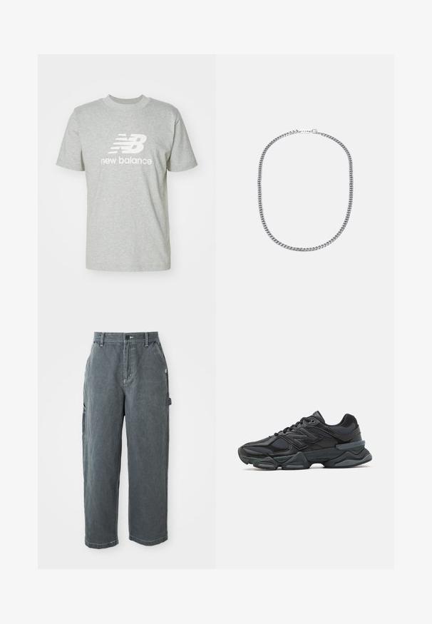 Svetlo šedé bavlnené tričko s krátkymi rukávmi, okrúhlym výstrihom a bielym logom "New Balance" výrazne umiestneným na prednej strane.; Tmavošedé nohavice s rovnými nohavicami na prácu, s pútkami na opasok, predným gombíkom a zipsom, bočnými vreckami a háčikom na kladivo na pravej nohe.; Čierna bežecká obuv so zmesou sieťoviny a syntetických materiálov, robustnou podrážkou, zakriveným dizajnom a výrazným logom na boku.; Strieborný kovový náhrdelník z reťaze s hrubými, prepojenými článkami, lesklým povrchom a malým zapínaním s detailom značky.