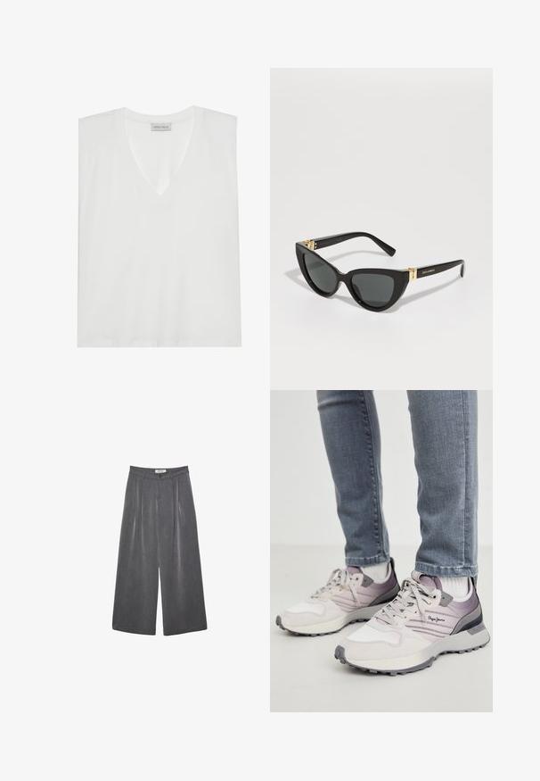 V-kaulus valkoinen T-paita, joka on valmistettu pehmeästä ja sileästä kankaasta. Siinä on lyhyet hihat, rento istuvuus ja etiketti kaula-aukossa. Yksinkertainen ja monikäyttöinen muotoilu.; Pleated leveleijoushousut tummanharmaasta kankaasta, jossa on hieno rakenne. Ominaisuuksina napin suljenta ja klassinen vyötärönauhan muotoilu.; Harmaat tennarit, joissa on nahka- ja verkko-aksentteja, näyttävällä pohjalla, violeteilla yksityiskohdilla ja logolla sivussa. Yhdistetty farkkuihin.; Kissakäyttöiset aurinkolasit mustilla muovikehyksillä, tummilla linsseillä ja kultasävyisillä yksityiskohdilla temppeleissä. Tasainen pinta ja rohkea muotoilu.; Musta hobo-laukku, jossa on sileä nahka ja kaareva siluetti, varustettuna yhdellä säädettävällä hihnalla ja minimalistisilla muotoiluelementeillä.