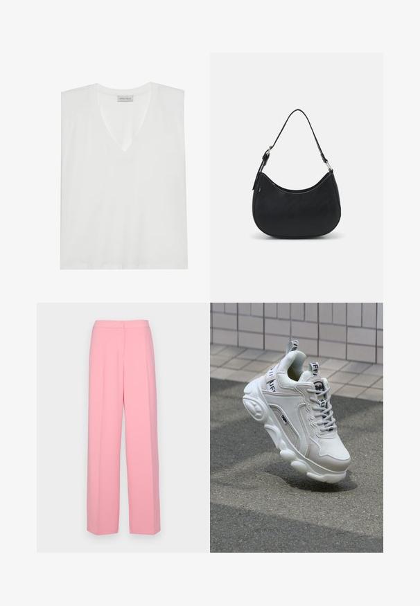 Vit V-ringad T-shirt gjord av mjukt, slätt tyg. Har korta ärmar, en avslappnad passform och en etikett vid halslinningen. Enkelt och mångsidigt design.; Rosa vida byxor i mjukt tyg, med hög midja, veckad front och utan synliga fickor eller dekorationer.; Vit sneaker med nät- och lädermaterial, rund tå, tjock sula, framträdande snören och branding på hälen och tungan.; Svart hobo-väska i slät läder med en böjd siluett, utrustad med ett justerbart axelband och minimalistiska designdetaljer.