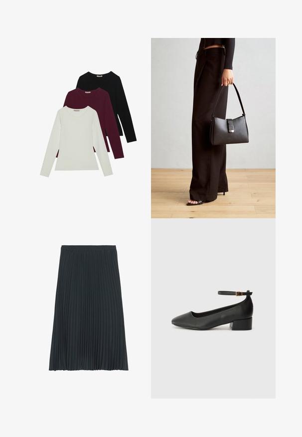 Tricouri cu mânecă lungă în alb, burgundy și negru. Realizate dintr-un material moale, cu un guler rotund și un design ajustat. Potrivite pentru straturi.; Fustă midi plissată de culoare gri închis, cu talie elastică. Prezintă pliseuri verticale pe tot parcursul pentru textură și fluiditate. Finisajul fabricii este neted.; Pantof cu toc negru din piele, cu vârf ascuțit și toc mic pătrat. Dispune de o curea la gleznă cu o cataramă în tonuri de aur. Textură netedă.; Genți negre cu o formă structurată, textură netedă și un închizător metalic. Asortată cu pantaloni negri largi și sandale cu vârf deschis pe un podea din lemn.
