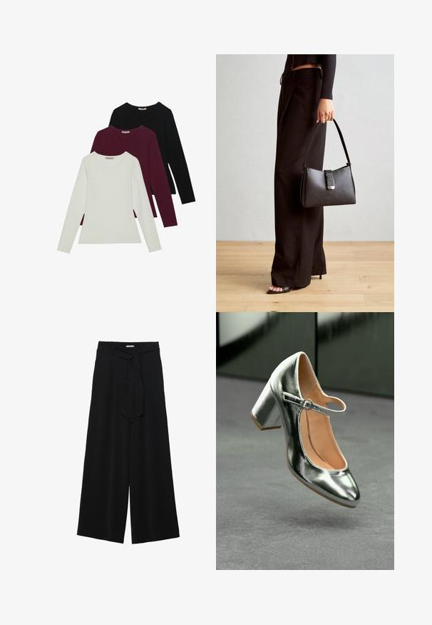 Dlouhé rukávy trička v bílé, burgundské a černé barvě. Vyrobeno z měkké tkaniny s kulatým výstřihem a přiléhavým střihem. Vhodné na vrstvení.; Černé kalhoty s širokými nohavicemi, vyrobené z texturované tkaniny, s elastickým pasem a odnímatelným páskem na úpravu velikosti.; Metalicky stříbrné dámské lodičky Mary Jane s kulatou špičkou, páskem kolem kotníku a blokovým podpatkem, s hladkým povrchem a světle hnědým interiérem.; Černá kabelka se strukturovaným tvarem, hladkým povrchem a kovovým uzávěrem. Kombinována s širokými černými kalhotami a sandály s otevřenou špičkou na dřevěné podlaze.