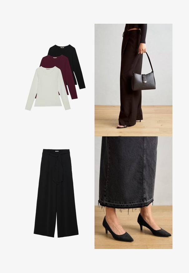 Majice z dolgimi rokavi v beli, burgundski in črni barvi. Narejene so iz mehke tkanine, imajo okroglo izrez in prilegajoč kroj. Primerne so za plastenje.; Črne široke hlače iz teksturirane tkanine, z elastičnim pasom in odstranljivim trakom na pasu za prilagodljivo prileganje.; Črne nubuk pete z ostro konico in 3-palčnim peto, v kombinaciji z dolgim temno modrim kavbojkami krilom z raztrganimi robovi.; Črna torbica z strukturirano obliko, gladko teksturo in kovinskim zaponko. Ujemajo se z širokimi črnimi hlačami in odprtimi sandali na lesenem tleh.