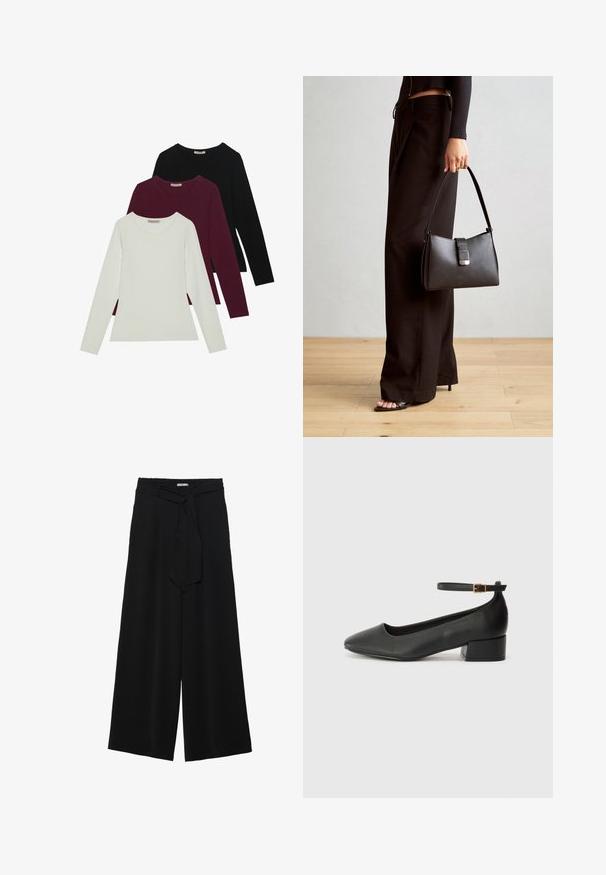 Langsleeve t-shirts in het wit, bordeauxrood en zwart. Gemaakt van zachte stof met een ronde halslijn en een aansluitend ontwerp. Geschikt voor lagen.; Zwarte wijde broek van textuurstof, met een elastische tailleband en een afneembare sjaalstrik in de taille voor een verstelbare pasvorm.; Zwarte leren pump met een spitse neus en een lage blokhak. Beschikt over een enkelband met een goudkleurige gespsluiting. Gladde textuur.; Zwarte handtas met gestructureerde vorm, gladde textuur en een metalen sluiting. Gecombineerd met brede zwarte broeken en sandalen met open teen op een houten vloer.