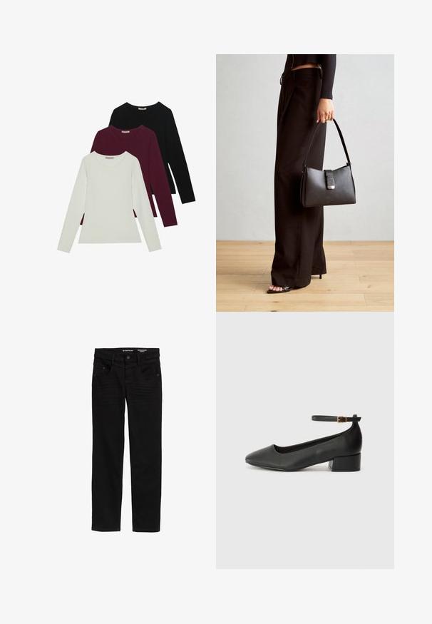 Majice s dugim rukavima u bijeloj, burgundijskoj i crnoj boji. Izrađene od mekog materijala, s okruglim izrezom i prilagođenim krojem. Pogodne za slojevito odijevanje.; Crne traperice ravnog kroja, izrađene od denima, s gumbom i patentnim zatvaračem, dva prednja džepa i suptilnim teksturalnim detaljima.; Crne kožne pumpe s oštrim vrhom i niskom blok petom. Sadrže remen oko gležnja s zlatnim kopčanjem. Glatka tekstura.; Crna torba s oblikom koji sadrži strukturu, glađu teksturu i metalnu kopču. Uparena s širokim crnim hlačama i sandalama na otvorenom s drvenog poda.