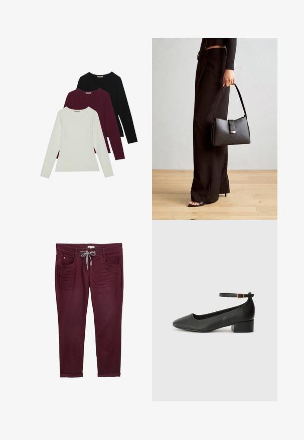 Pitkähihaiset t-paidat valkoisena, burgundinpunaisena ja mustana. Valmistettu pehmeästä kankaasta, jossa on pyöreä kaula-aukko ja vartalonmyötäinen muotoilu. Sopii hyvin kerroksittain käytettäväksi.; Bordeaux-housut, joissa on naru vyötäröllä, etutaskut ja käärityt resorit. Valmistettu pehmeästä kankaasta, jossa on sileä pinta ja hienovaraiset saumat.; Mustat nahkakengät, joissa on terävä kärki ja matala lohkare korko. Varustettu nilkkahihnalla, jossa on kultasävyinen solki. Lisää sileä pinta.; Musta käsilaukku, jossa on rakenteellinen muoto, sileä pinta ja metallinen solki. Yhdistetty leveisiin mustiin housuihin ja avonaiheisiin sandaaleihin puulattialla.