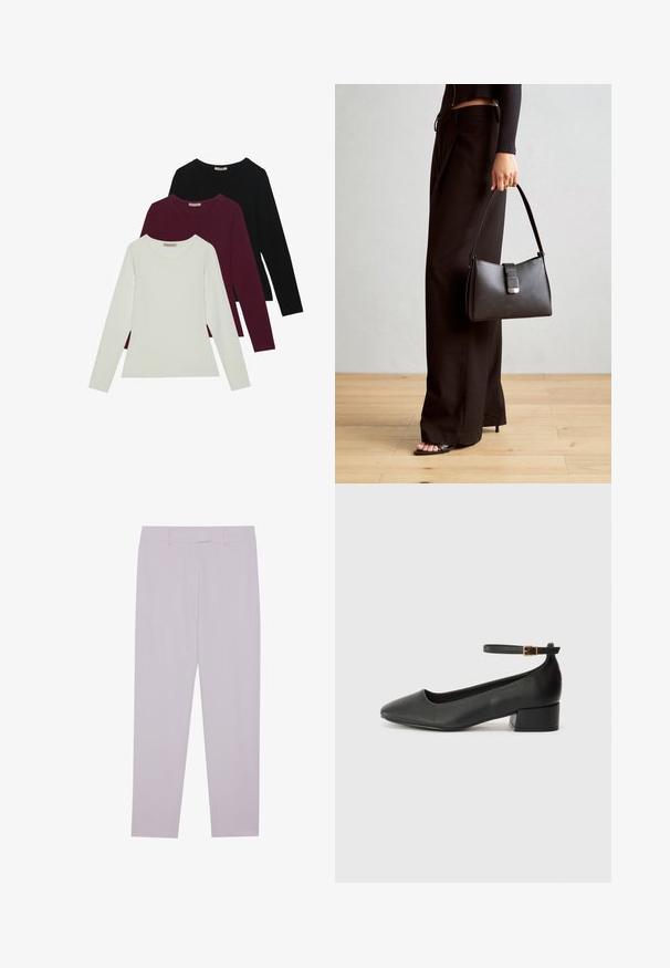T-shirts à manches longues en blanc, bordeaux et noir. Fabriqués en tissu doux avec un col rond et un design ajusté. Idéaux pour le superposition.; Pantalons violet clair en tissu lisse, dotés d'une coupe ajustée, de passants de ceinture et d'une coupe droite.; Escarpin en cuir noir avec un bout pointu et un petit talon bloc. Doté d'une bride de cheville avec une boucle dorée. Texture lisse.; Sac à main noir à la forme structurée, texture lisse et fermoir métallique. Associé à un pantalon noir ample et des sandales ouvertes sur un sol en bois.