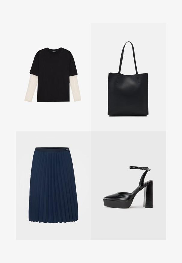 Mustmust särk, mis on valmistatud puuvillast, lühikeste varrukatega, valge pika varrukaga kihi peal, millel on peene tekstuuriga muster. Ümar kaelus.; Tommy Hilfiger Curve FLUID PLEATED MIDI SKIRT - Voltidega seelik - dark night navy; Mustad platvormi kontsad terava ninaga ja reguleeritava pahkluuraamiga. Valmistatud siledast nahast, funktsioneerib massiivse plokknäheeliga.; Mustast nahast kott sujuva tekstuuriga, ristkülikukujuline ja kahe pika sangaga. Pole nähtavat riistvara ega kaunistusi.