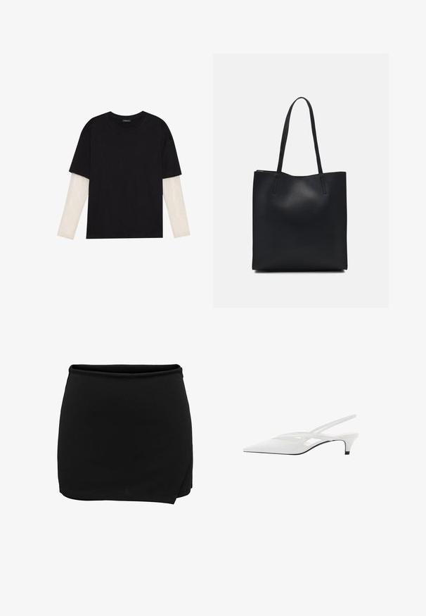 Mustapaita, joka on valmistettu puuvillasta ja jossa on lyhyet hihat valkoisen pitkähihasen kerroksen päällä, jossa on hienovarainen teksturoitu kuvio. Pyöreä kaula-aukko.; Musta hame, jossa on joustava vyötärö, ja joka on kääntömuotoilulla. Valmistettu sileästä kankaasta, sillä on yksinkertainen ja siisti siluetti. Ei lisäyksityiskohtia.; Valkeat nilkkaremmikengät, joissa on terävä kärki, sileä päällinen, hienovaraiset aukot ja matala lohkopohja. Musta pohja korostaa muotoilua.; Mustapahkainen kangaskassi, jossa on sileä pinta, suorakaiteen muotoinen ja kaksi pitkää kahvaa. Ei näkyvää metalliosaa tai koristeita.