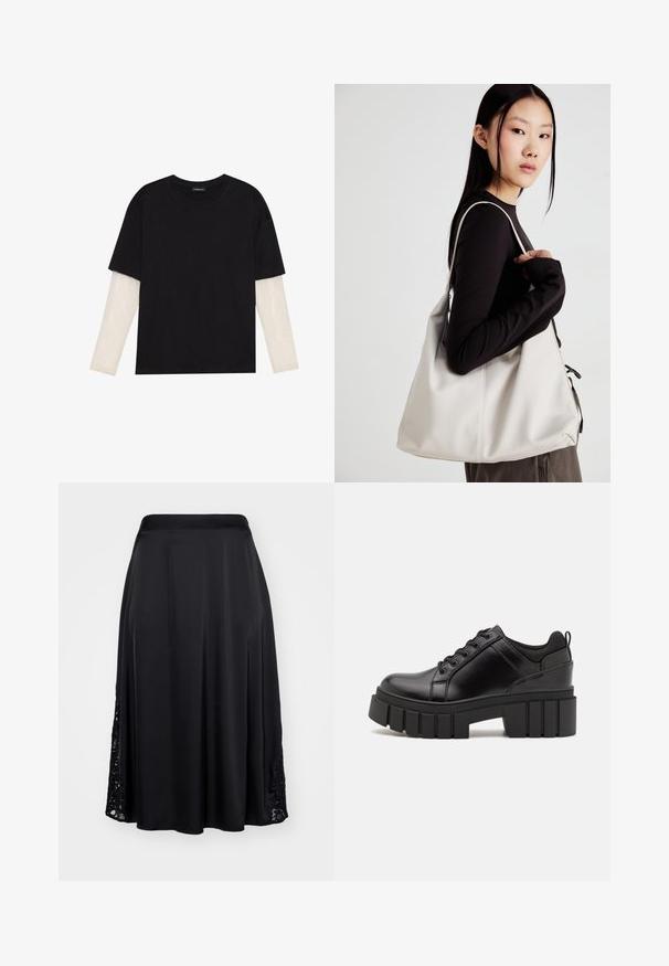 Fekete pamut póló, rövid ujjal, fehér hosszú ujjú réteg fölött, finom textúrával. Kerek nyakkivágású dizájn.; Fekete selyem szoknya közép hosszúságú kialakítással. Csipkés részletek találhatók az oldalsó varrások mentén, sima textúra és testhezálló derékpánt jellemzi.; Fekete bőr platform cipők vaskos blokk sarkakkal, kerek orral és hagyományos fűzős kialakítással. Simára csiszolt felület és minimális részletezés jellemzi.; Puha anyagból készült bézs kézitáska, laza dizájnnal, varrott részletekkel és két vállpánttal. Mindennapi használatra alkalmas.