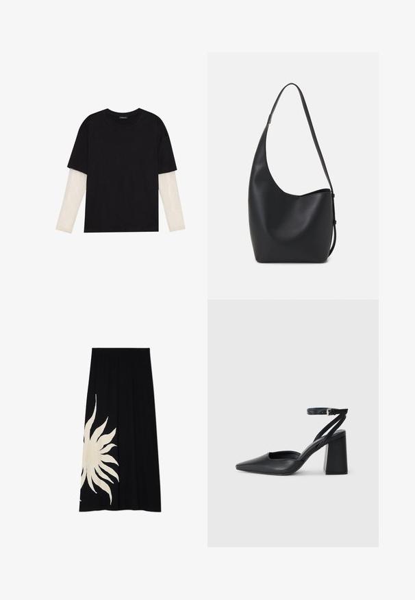 Čierne tričko z bavlny, s krátkymi rukávmi cez biele tričko s dlhým rukávom, s jemným textúrovaným vzorom. Design s okrúhlym výstrihom.; Čierna sukňa s veľkým bielym slnečným motívom na jednej strane, jemná textúra a splývavý strih, vhodná na každodenné nosenie.; Čierne kožené lodičky s špicatou špičkou a členkovým remienkom, s masívnym podpätkom. Hladký povrch, elegantný dizajn a minimalistická estetika.; Čierna kožená hobo taška so hladkou textúrou, zakriveným tvarom a jedným nastaviteľným popruhom; má široké otvorenie na vrchu.; Prsteň v zlatej farbe s organickým, skrúteným dizajnom, hladkým povrchom a zužujúcimi sa koncami, vytvárajúci moderný, sochársky vzhľad.