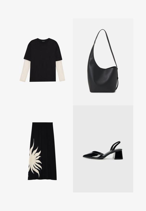 Melna kokvilnas T-kreklu ar īsām piedurknēm, virs baltas garām piedurknēm ar smalku teksturētu rakstu. Apaļas kakla izgriezuma dizains.; Melnā svārku kleita ar lielu baltu saules dizainu vienā pusē, mīksta tekstūra un plūstoša forma, piemērota ikdienas valkāšanai.; Melna lakota āda ar atvērto papēdi, ar smailu purngalu un ģeometrisku blokpapēdi. Iezīmējas elegants, minimāls dizains un gluda tekstūra.; Melnas ādas hobo soma ar gludu tekstūru, izliekta forma un vienu regulējamu jostu; augšā ir plaša atvere.; Sudraba riņķa auskari ar gludu, apaļu dizainu un pulētu apdari. Tie ir plāni un viegli, ar vienkāršu aizdari.