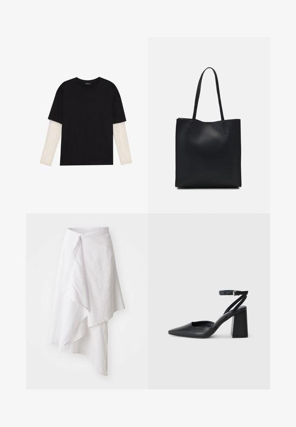 Black T-shirt made of cotton, featuring short sleeves over a white long-sleeve layer with a subtle textured pattern. Crew neckline design.; White wrap skirt made of lightweight fabric, featuring an asymmetrical hemline, smooth texture, and a simple, minimalist design.; Black leather pointy-toe pump with an ankle strap and a chunky heel. Flat texture, sleek design, and minimalistic aesthetics.; Black leather tote bag with smooth texture, rectangular shape, and two long handles. No visible hardware or embellishments.