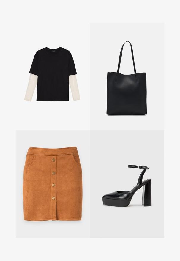 Juodas medvilninis marškinėliai su trumpomis rankovėmis, virš baltos ilgo rankovio sluoksnio, turinčio subtilų tekstūrinį raštą. Apvalus iškirpimas.; Ruda zomšinė mini sijonas su tiesiu kirpimu, turintis priekinį mygtukų užsegimą, dvi šonines kišenes ir subtilias siuvimo detales.; Juodi platforminiai aukšti kulniukai su smailiu kojų pirštu ir reguliuojamu kulkšnies dirželiu. Pagaminti iš lygaus odos, turi masyvų blokinį kulną.; Juodas odinis tote krepšys su lygia tekstūra, stačiakampio formos ir dviem ilgais rankenomis. Matomų metalinių detalių ar puošybos nėra.