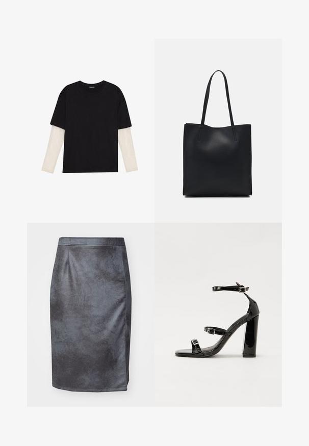 Črna majica iz bombaža s kratkimi rokavi, ki pokriva belo dolgi rokav z subtilnim teksturiranim vzorcem. Oblika izrezanega vratu.; Siva umetna usnjena krila, ki ima gladko teksturo, visok pas in zarezo na levi strani. Brez vidnih zapiranj ali vzorcev.; Črne lakirane sandale s peto, kvadratnim prstom, trakovi okrog gležnja in srebrnimi zaponkami. Opremljene so s stabilno Debelo peto.; Črna usnjena torba s svilnato teksturo, pravokotne oblike in dvema dolgima ročajema. Brez vidnih metalnih delov ali okrasnih elementov.