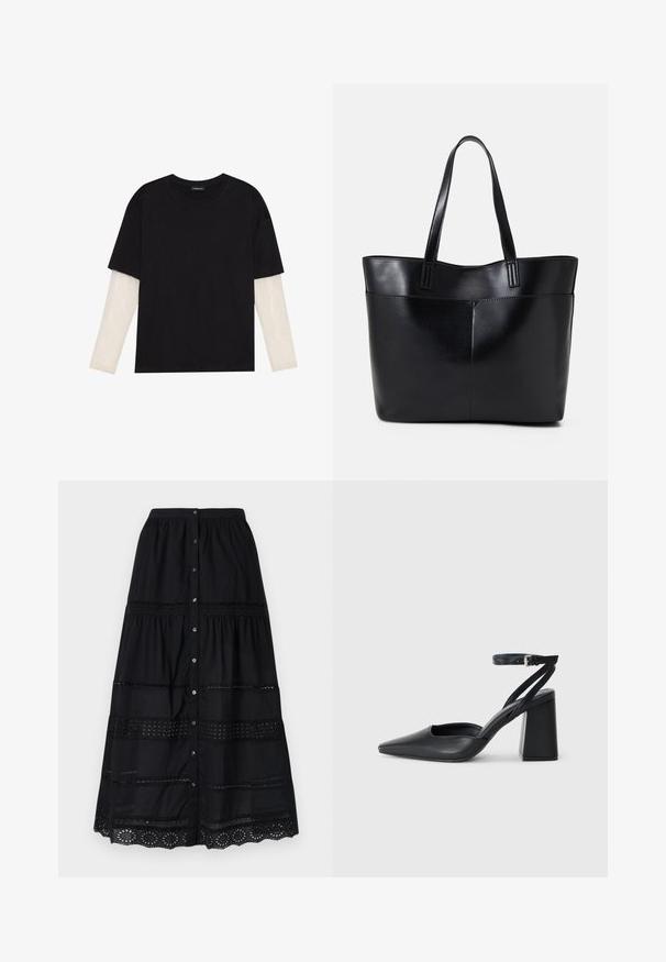 Juodas medvilninis marškinėliai su trumpomis rankovėmis, virš baltos ilgo rankovio sluoksnio, turinčio subtilų tekstūrinį raštą. Apvalus iškirpimas.; Juodas mygtukinis sijonas su sluoksniuota struktūra, puošiamas nėriniu ir tekstūruotu audiniu. Priekyje yra sidabriniai mygtukai.; Juoda odinė smailiagalė aukštakulnio bateliai su kulkšnies dirželiu ir storu kulnu. Lygus paviršius, elegantiškas dizainas ir minimalistiška estetinė. ; Juoda odinė rankinė su dviem ilgais diržais, lygiu paviršiumi ir struktūrizuota forma. Yra priekinė kišenė papildomam saugojimui.