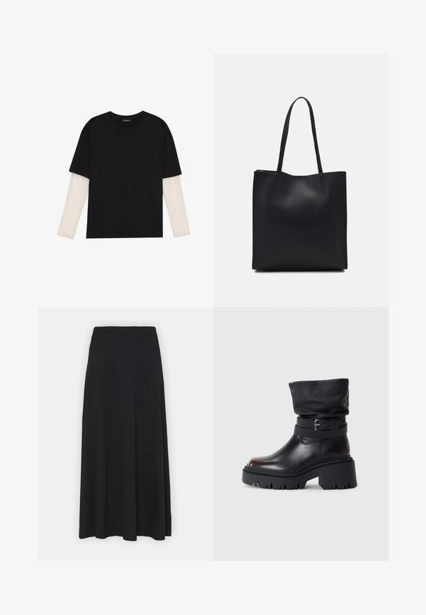 T-shirt noir en coton, avec des manches courtes sur une couche à manches longues blanche avec un motif texturé subtil. Col rond.; Jupe maxi de couleur noire unie. Design évasé avec une texture lisse et une taille élastique. Aucune imprimé ni accent visible.; Bottine en cuir noir avec une tige décontractée, détail de boucle et semelle épaisse et robuste. Elle présente un bout rond et une texture lisse.; Sac fourre-tout en cuir noir avec une texture lisse, de forme rectangulaire et deux longues poignées. Pas de matériel ou d'ornementations visibles.