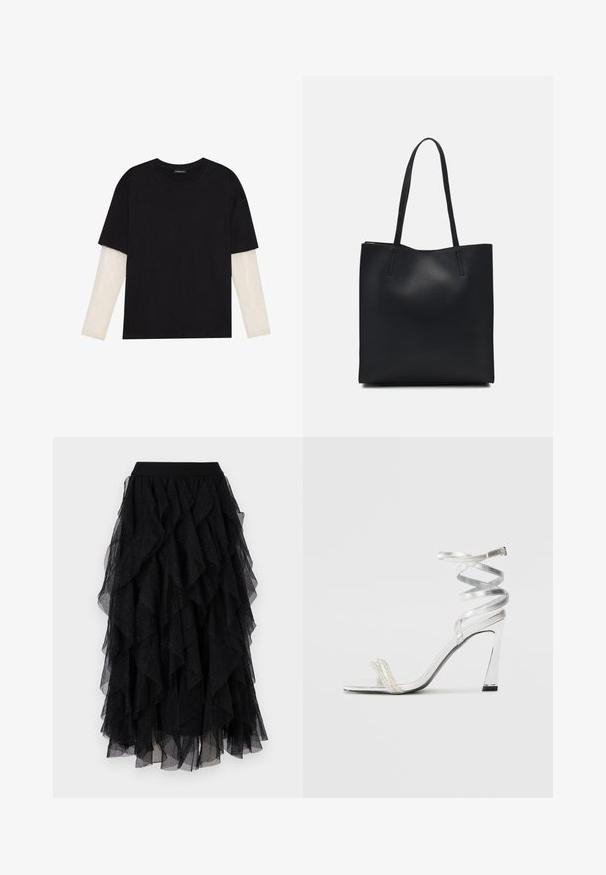 Black T-shirt made of cotton, featuring short sleeves over a white long-sleeve layer with a subtle textured pattern. Crew neckline design.; Black tulle skirt featuring layered ruffles, soft texture, and subtle glitter accents. Elastic waistband for a comfortable fit.; Silver high-heeled sandal with a shiny strap design, featuring a pearl-like accent and a spiraled ankle strap for secure fit.; Black leather tote bag with smooth texture, rectangular shape, and two long handles. No visible hardware or embellishments.