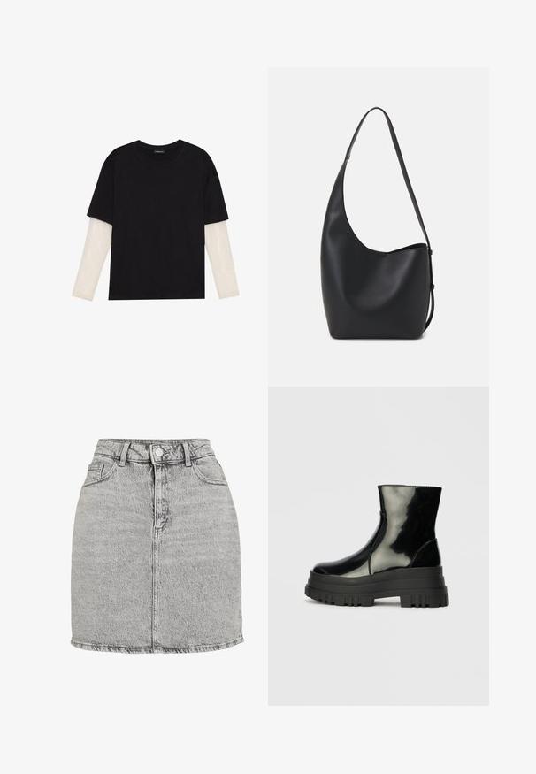 T-shirt preta de algodão, com mangas curtas sobre uma camada de mangas longas branca com um padrão texturizado subtil. Design de decote redondo.; Saia de ganga cinza com uma cintura alta, fecho de botão na frente e dois bolsos laterais. Apresenta uma bainha desfiada e uma textura suavemente lavada.; Bota de tornozelo preta e brilhante com sola grossa e arredondada, vista lateral sobre fundo cinza claro.; Saco hobo preto em pele com uma textura lisa, forma curva e uma única alça ajustável; apresenta uma abertura larga na parte de cima.
