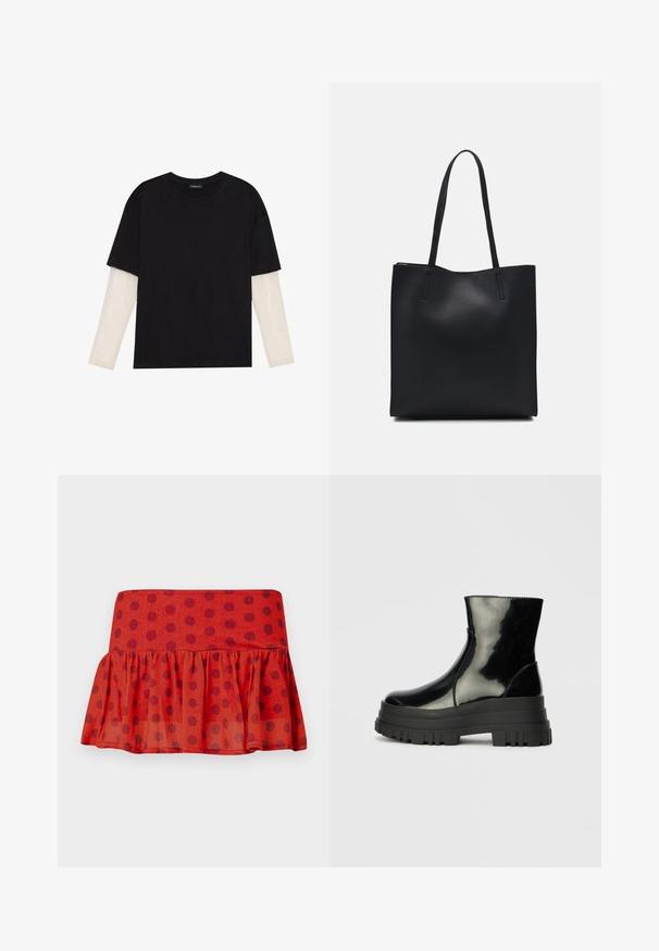T-shirt preta de algodão, com mangas curtas sobre uma camada de mangas longas branca com um padrão texturizado subtil. Design de decote redondo.; Saia vermelha com Babados e bolinhas pretas, feita de tecido leve. Apresenta uma cintura ajustada e um design em camadas.; Bota de tornozelo preta e brilhante com sola grossa e arredondada, vista lateral sobre fundo cinza claro.; Bolsa tote preta em couro com textura lisa, forma retangular e duas alças longas. Sem hardware ou enfeites visíveis.
