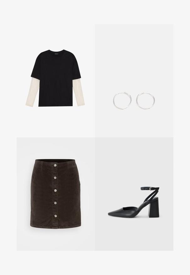 Tricou negru din bumbac, cu mâneci scurte, peste un strat alb cu mâneci lungi, având un model texturat subtil. Design cu guler rotund.; Fustă din corduroy maro, cu croi drept, având închidere cu nasturi în față și cinci nasturi argintii pe mijloc. Material texturat.; Pantofii cu toc ascuțit din piele neagră, cu breteaua pentru glezne și toc gros. Textură netedă, design elegant și estetică minimală.; Cercei din argint cu un design elegant și rotund, având o suprafață netedă și fără embellismente vizibile. Diametrul nu este specificat.