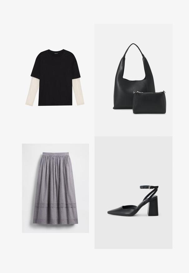 Črna majica iz bombaža s kratkimi rokavi, ki pokriva belo dolgi rokav z subtilnim teksturiranim vzorcem. Oblika izrezanega vratu.; Krilo s karo vzorcem v črni in beli barvi, z elastičnim pasom in nabranim materialom. Oblika vključuje podrobnosti s prešito šivno linijo.; Črne usnjene klasične čevlje z ostrim nosom, z zaponko za gleženj in debelim peto. Ravna tekstura, eleganten dizajn in minimalistična estetika.; Even&Odd Torbica - black