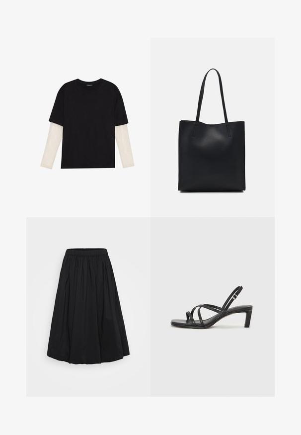 Melna kokvilnas T-kreklu ar īsām piedurknēm, virs baltas garām piedurknēm ar smalku teksturētu rakstu. Apaļas kakla izgriezuma dizains.; Melnā, līdz ceļiem garā svārkos, kas izgatavoti no viegla auduma, ar savelktu elastīgu jostasvietu un izplestu, apjomīgu siluetu.; Melnas strappy sandales ar kvadrātveida purngaliem un zemu bloku papēdi. Ievērojamas ar vairākiem plāniem siksniņām un regulējamu potītes siksniņu. Izgatavotas no gludas ādas.; Melnas ādas somiņa ar gludu tekstūru, taisnstūra formu un divām garām rokturiem. Nav redzamu aparatūras vai rotājumu.; Zelta riņķa auskari ar gludu, noapaļu dizainu. Plāni un viegli, ar nepārtrauktu cilpu bez jebkādām rotājumām.