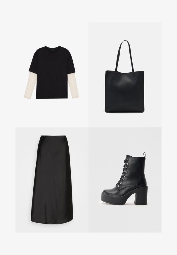 Melna kokvilnas T-kreklu ar īsām piedurknēm, virs baltas garām piedurknēm ar smalku teksturētu rakstu. Apaļas kakla izgriezuma dizains.; Melnas satīna midi svārki ar gludu tekstūru, A-līnijas formu un vieglu spīdumu. Iespējots elegants, vienkāršs dizains bez rotājumiem.; Melnas ādas potītes zābaki ar masīvu blokveida papēdi, auklu aizdari un teksturētu virsmu. Iekļauts aizmugurē esošs cilpiņas elements vieglai uzvilkšanai.; Melnas ādas somiņa ar gludu tekstūru, taisnstūra formu un divām garām rokturiem. Nav redzamu aparatūras vai rotājumu.