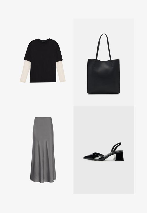 Černé tričko z bavlny s krátkým rukávem, pod kterým je bílá podvlékací halenka s dlouhým rukávem a jemným texturovaným vzorem. Design s kulatým výstřihem.; Moves HEBRY - Maxi sukně - castlerock; Černé lakované kožené lodičky na pásku s špičatou špičkou a geometrickým blokovým podpatkem. Vyznačují se elegantním, minimalistickým designem a hladkým povrchem.; Černá kožená taška přes rameno s hladkým povrchem, obdélníkovým tvarem a dvěma dlouhými uchy. Žádné viditelné kování ani ozdoby.