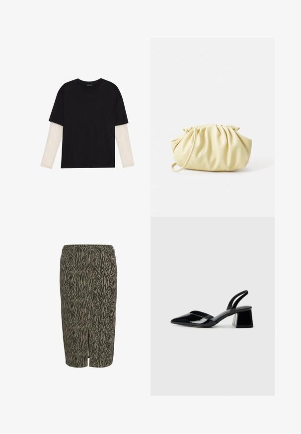 T-shirt noir en coton, avec des manches courtes sur une couche à manches longues blanche avec un motif texturé subtil. Col rond.; Jupe crayon marron et beige avec un motif de rayures de tigre, fabriquée dans un tissu texturé, avec une fente à l'avant.; Escarpins en cuir verni noir avec bout pointu et talon bloc géométrique. Présente un design élégant et minimaliste ainsi qu'une texture lisse.; Sac à main plissé jaune en simili cuir lisse, arborant une forme douce avec une bandoulière unique et un design froncé sur le dessus.; Boucle d'oreille en métal doré avec un design élégant et courbé. Présente une forme conique distinctive, une surface polie et une fermeture à charnière.