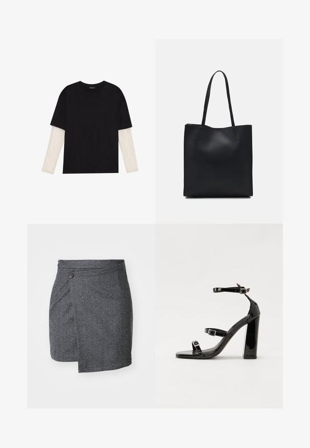 Melna kokvilnas T-kreklu ar īsām piedurknēm, virs baltas garām piedurknēm ar smalku teksturētu rakstu. Apaļas kakla izgriezuma dizains.; Pelēkā zigzag stila apņemšanās svārki, izgatavoti no teksturētas vilnas auduma, ar vienu pogu jostas daļā un asimetrisku apakšmalu.; Melnas lakotas augstpapēžu čības ar kvadrāta purngalu, potīšu siksniņām un sudraba sprādzēm. Aprīkotas ar masīvu bloku papēdi stabilitātei.; Melnas ādas somiņa ar gludu tekstūru, taisnstūra formu un divām garām rokturiem. Nav redzamu aparatūras vai rotājumu.