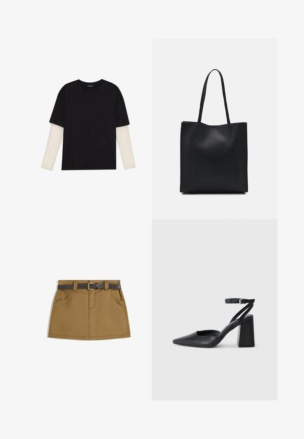 Sort T-shirt lavet af bomuld, med korte ærmer over et hvidt langærmet lag med et subtilt tekstureret mønster. Design med rund hals.; Brun denimnederdel med et mørkebrun bælte med metalspænde, to forlommer og en lige, let udvidende pasform.; Sort læder spidse pumps med ankelrem og en chunky hæl. Flad tekstur, slankt design og minimalistisk æstetik.; Sort læder tote taske med glat tekstur, rektangulær form og to lange hanke. Ingen synlig hardware eller udsmykninger.